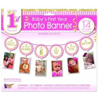 1st Birthday Pink Photo Banner