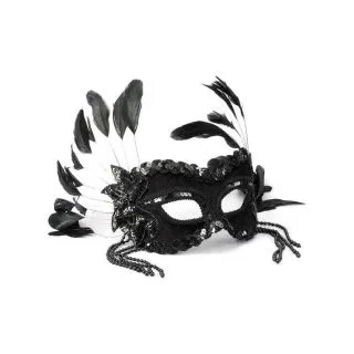 Black Masquerade Mask with Beads & Feathers