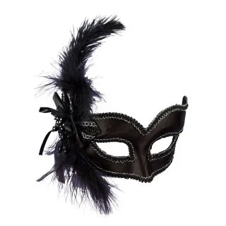 Black Satin Masquerade Mask with Feathers