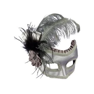 Silver Satin Masquerade Mask with Feathers