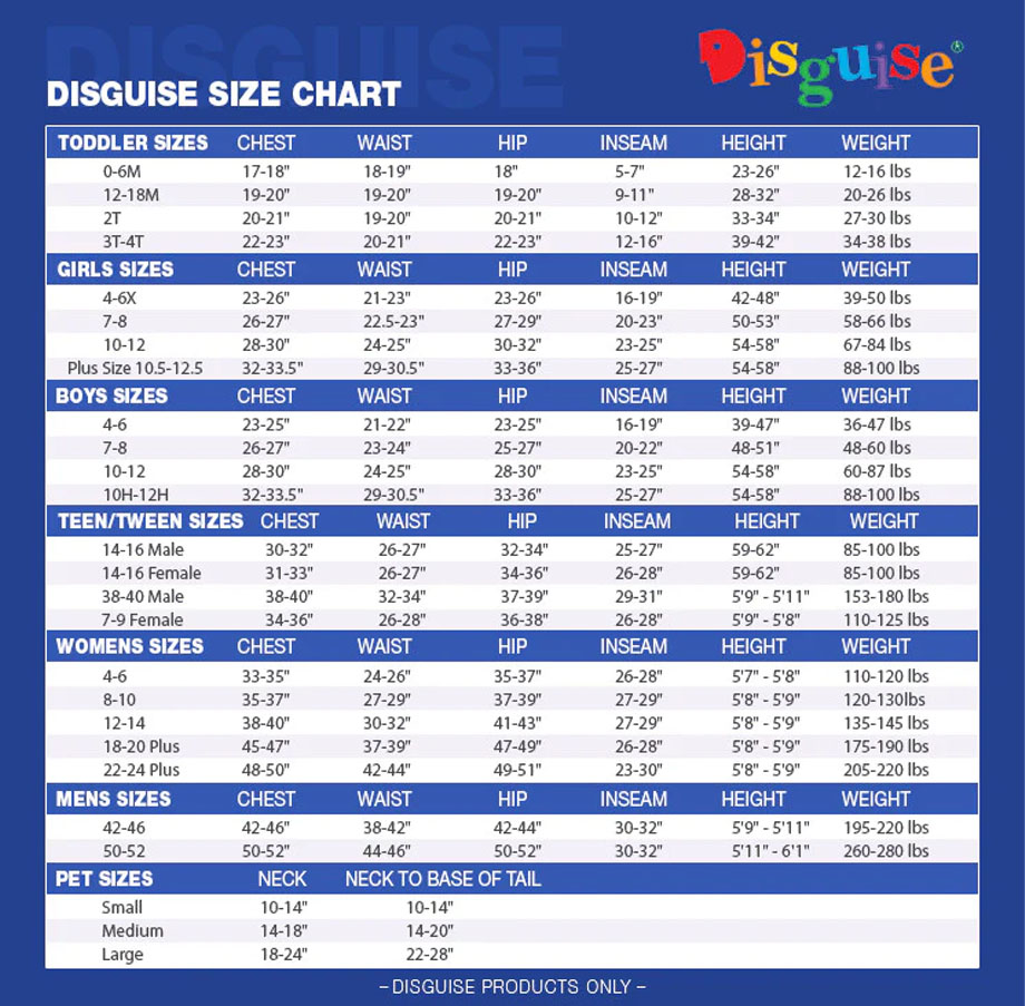 Disguise Size Chart